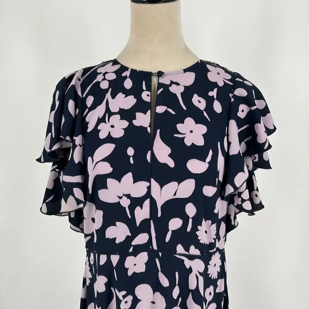 Kate Spade New Splash Ruffle Sleeve Midi Dress Navy & Cream Smocked Size 2